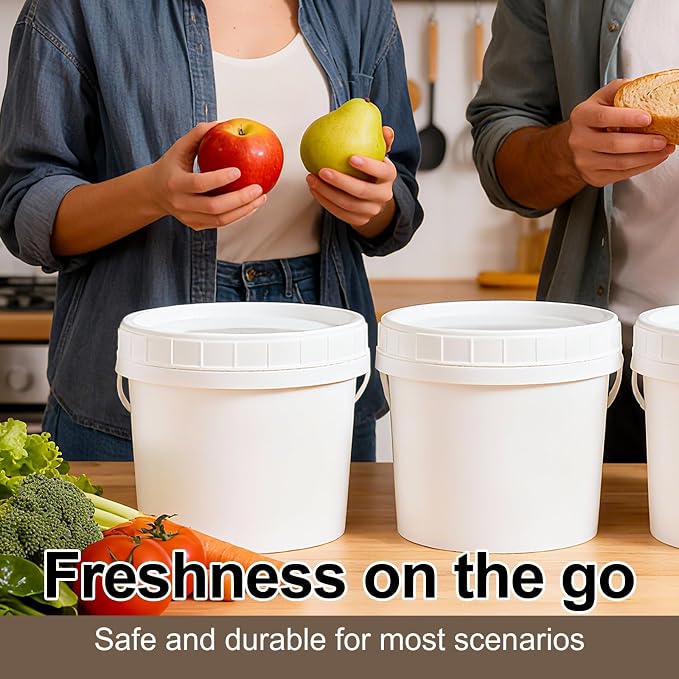 6 Pack 1 Gallon Plastic Buckets with Screw Lids & Handle, Food Grade Storage Containers for Kitchen, Freezer - Reusable White Plastic Bucket Set (White, 6pack 1Gal)