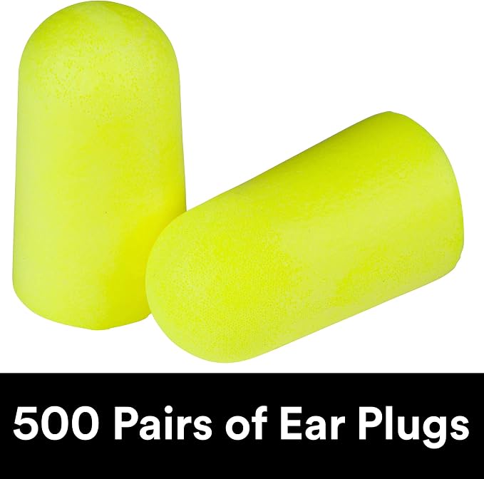 3M Ear Plugs, E-A-Rsoft Yellow Neons 391-1004, Bottle of 500 Pair of Disposable Earplugs, Regular Size, Uncorded, 33 NRR, Tapered Cylinder Shape, Slow Recovery Foam