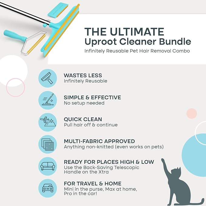 Uproot Clean Set: Pro & Mini Pet Hair Removal Tools & Xtra Carpet Rake,3pck | Pro Pet Hair Remover for Couch Bundled with Mini for Cars & Xtra for Carpet. A True Fur-Riccane Survival Kit