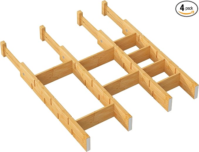 kiplant Kitchen Drawer Dividers - Adjustable Drawer Organizer for Clothes, Kitchen, Closet & Office - 4 Pack with Inserts, 18-22.6 Inches, Non-Slip Silicone Ends