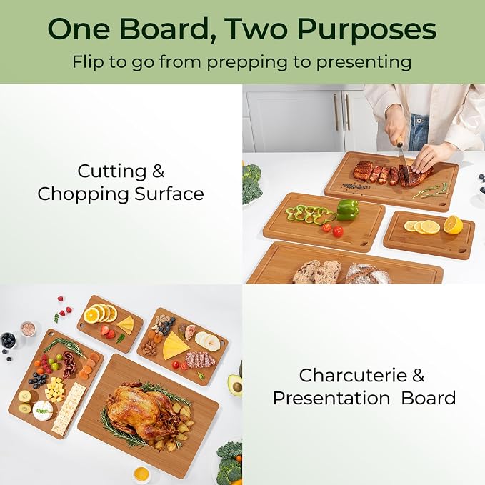 Keechee Carbonized Bamboo Cutting Board Set of 4, Kitchen Prep Boards | Deep juice grooves, built-in handles, 4 different sizes for full kitchen tasks and charcuterie