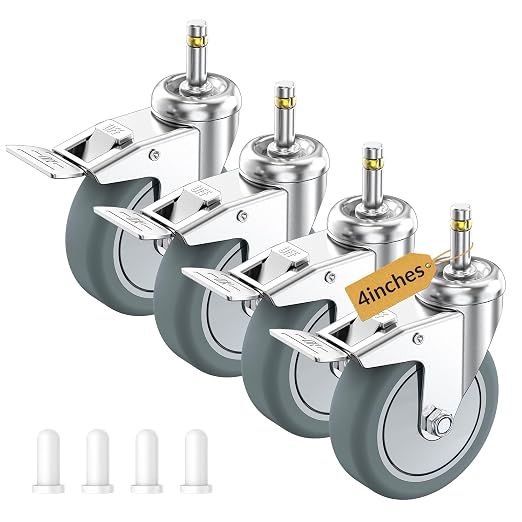HOLKIE Stem Caster Wheels 4 inch Locking Casters Set of 4, 7/16-Inch Stem Diameter Swivel Castor Heavy Duty TPR Rubber Replacement Castors for Cart, Stool, Mop Bucket, Grill, Shop Vac