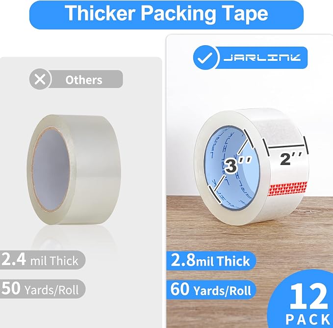 JARLINK 12 Rolls Clear Packing Tape, Heavy Duty Packaging Tape | Stronger and Thicker 2.8mil, 2" Wide. 60 Yards per Roll, 720 Total Yards. Moving Supplies for Shipping Packaging Sealing