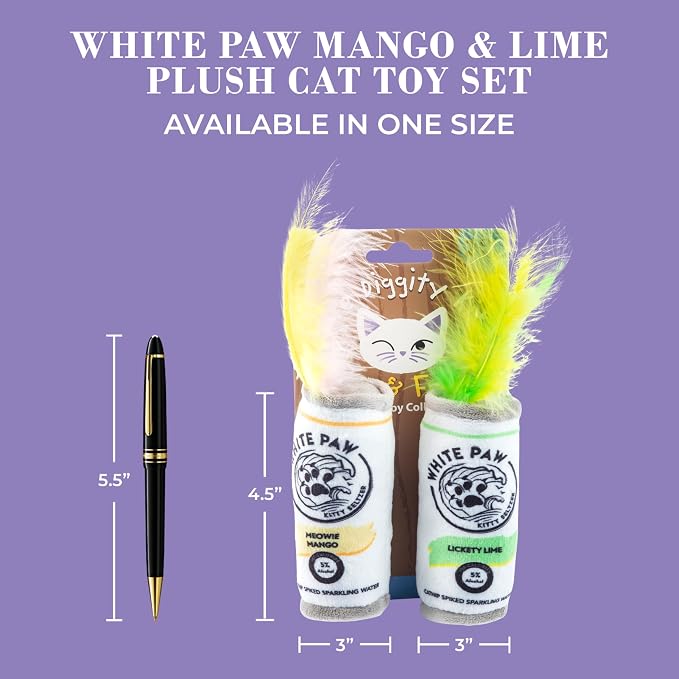 Haute Diggity Kitty White Paw Mango & Lime Set, Plush Cat Toys Catnip Filled with Interactive Crackle Sound, Safe & Durable Toys for Cat & Kitten, 2 Pcs