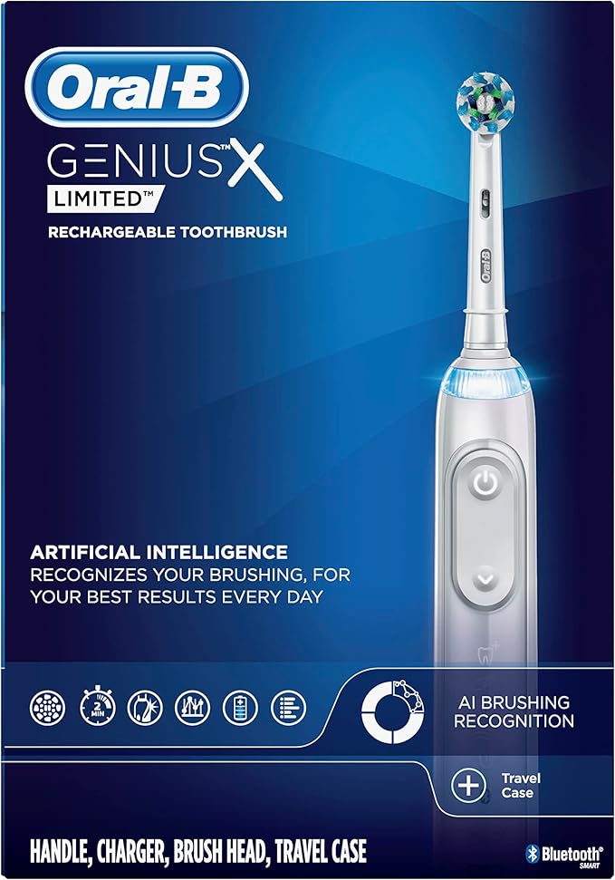 Oral-B Genius X Limited Rechargeable Electric Toothbrush with 1 Replacement Brush Head, Travel Case, White (Pack of 3)