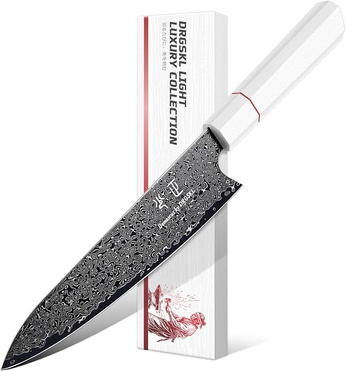 DRGSKL Damascus Chef Knife 8 Inch - VG10 Kitchen Knife for Meat Cutting | Japanese VG10 Core, Black Anti-corrosion Coating, Damascus Blade, G10 Handle, Gift Box, Wet Edge Grinding Technology