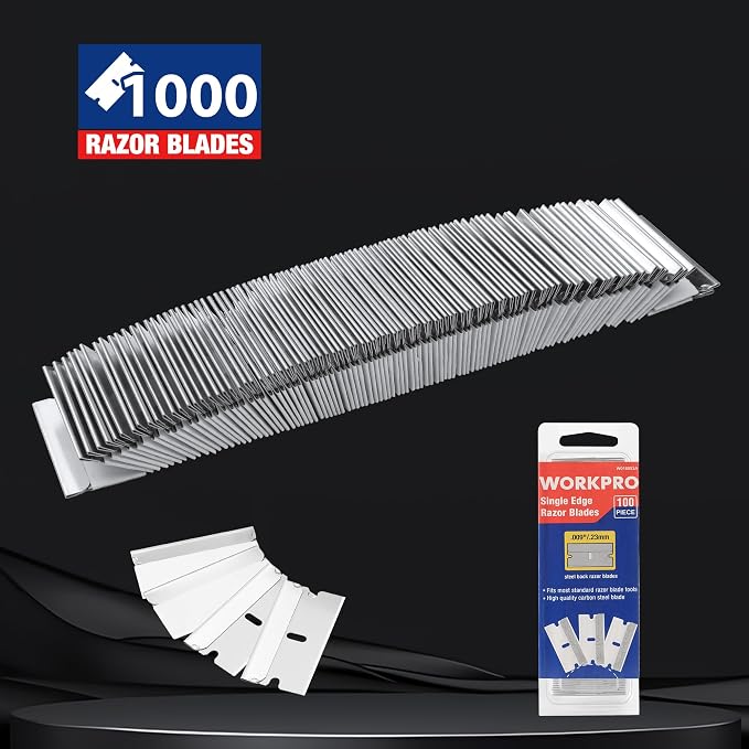 WORKPRO 1000-Pack Single Edge Razor Blades, Carbon Steel Scraper Blades | Industrial Grade, High Carbon Steel, Sharp Single Edge Blades for Scraping, Cutting Rope, Boxes & Stickers
