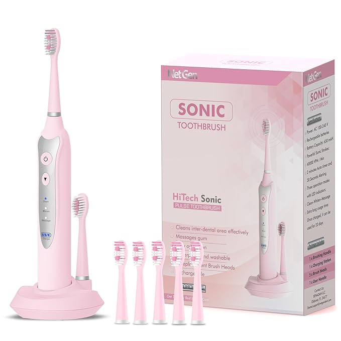 Sonic Electric Toothbrush for Adults, Rechargeable Power Toothbrush with 5 Replacement Heads, Travel Case, 3 Modes, 2 Minute Timer, IPX7 Waterproof Cordless Electric Toothbrush | Pink