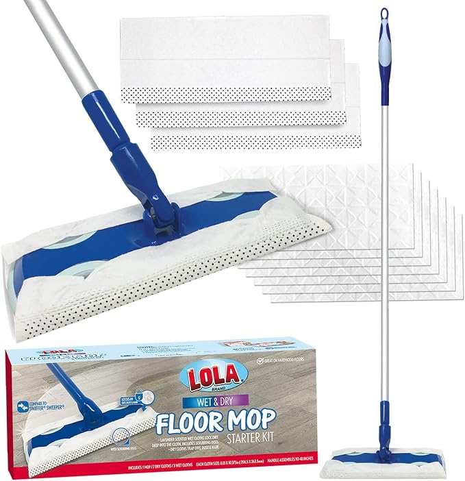 LOLA Wet & Dry Floor Mop Starter Kit Includes 1 Mop, 7 Dry Cloths, 3 Wet Cloths, Snap-in Handle Assembles to 48" Major Brand Comparable