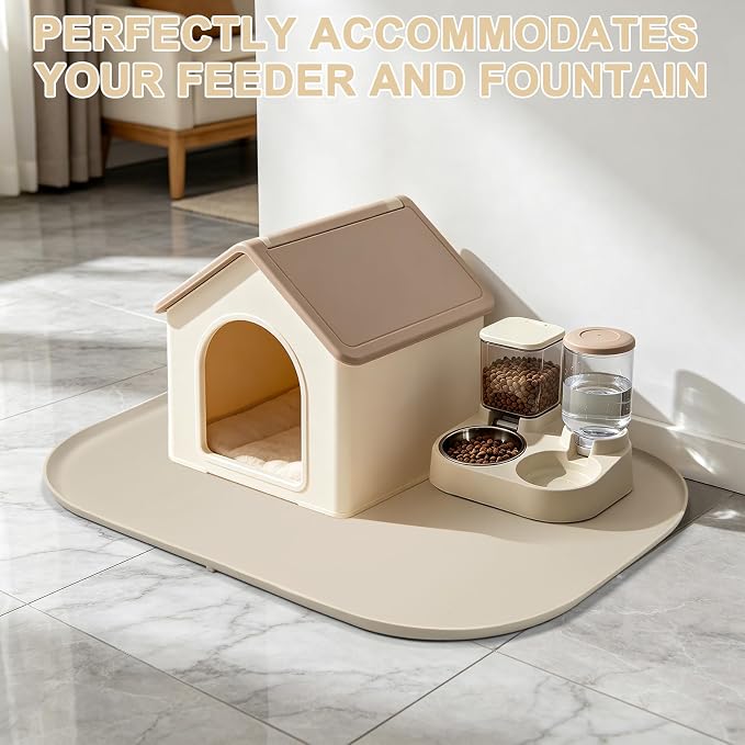 SMILOOL Waterproof Silicone Pet Food Mat with Raised Edge for Dog & Cat | 36" x 24" Non-Slip Large Pet Feeding Mats with Lip for Food & Water Bowl, Food Grade, Easy Cleaning, Beige