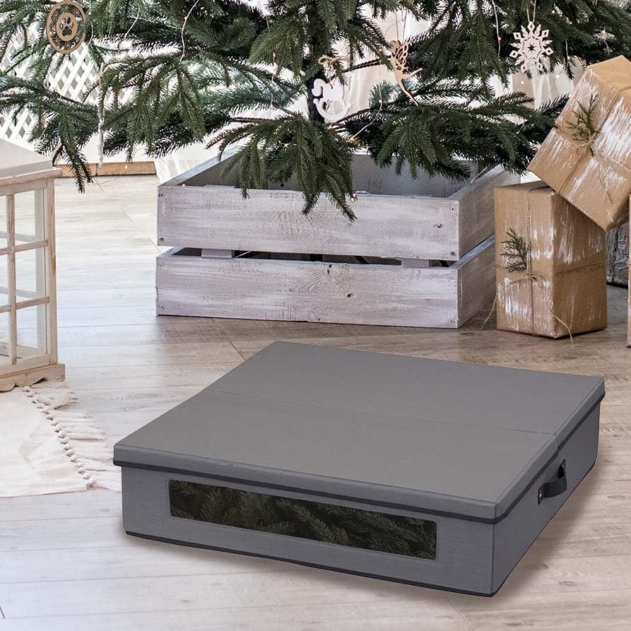 Household Essentials Wreath Storage Container Box with Handles, Sturdy Fabric‑Covered Sides for 24‑Inch Wreath, Gray with Charcoal Trim