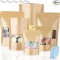 150 Kraft Mylar Bags for Food Storage 5X8 Mylar Bags with Window Candy Packaging Resealable Bags Reclosable Small Stand Up Pouches Edible Packaging, Kraft Paper Bags for Small Business
