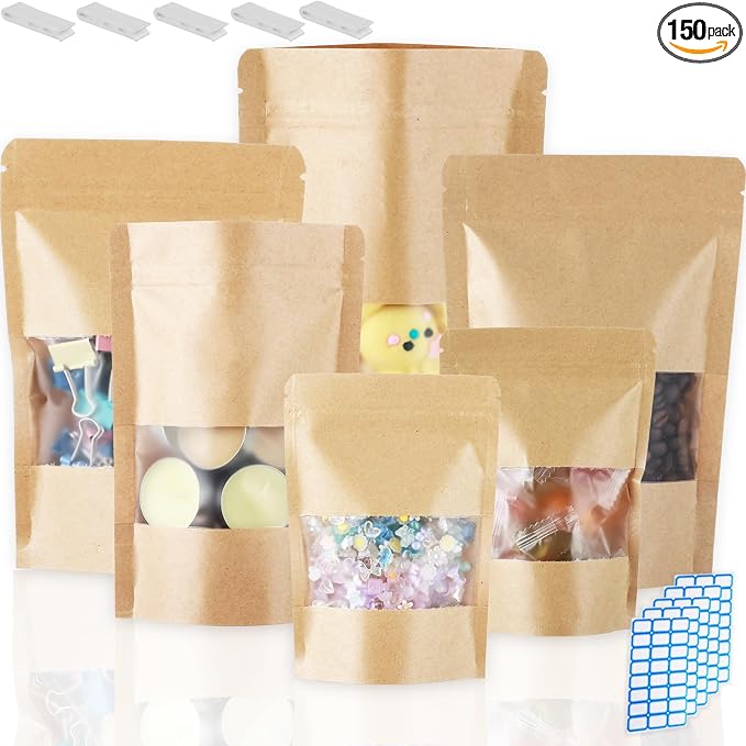 150 Kraft Mylar Bags for Food Storage 6X9 Mylar Bags with Window Candy Packaging Resealable Bags Reclosable Small Stand Up Pouches Edible Packaging, Kraft Paper Bags for Small Business