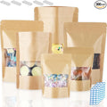 300 Kraft Mylar Bags for Food Storage 5X8 Mylar Bags with Window Candy Packaging Resealable Bags Reclosable Small Stand Up Pouches Edible Packaging, Kraft Paper Bags for Small Business