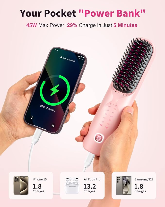 Bopcal Cordless Hair Straightener Brush, 10000mAh Rechargeable Ionic Hair Styling Comb, 30s Fast Heating Anti-Frizz Straightening Brush for Smooth Salon Results, Gift for Women
