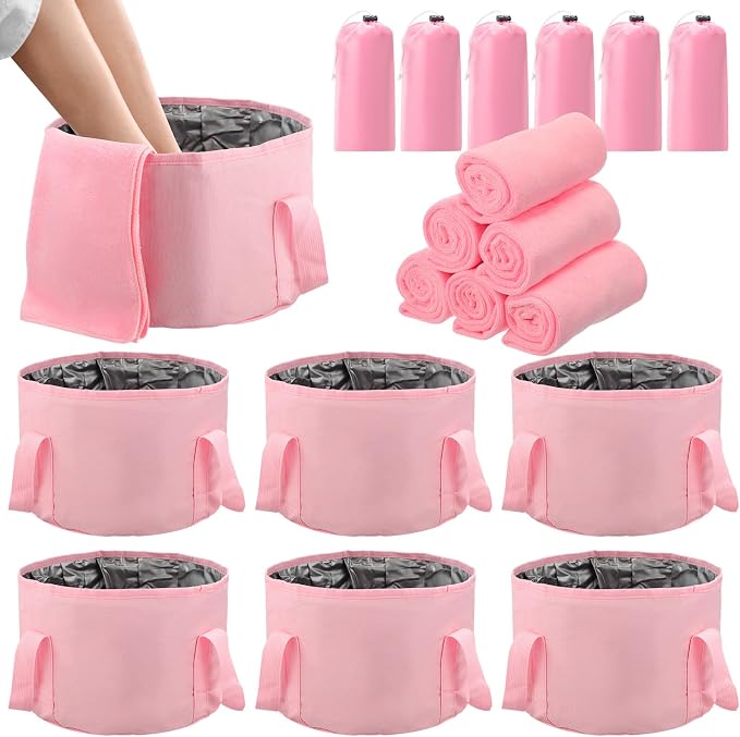 FillTouch 12 Pcs 15L Foldable Foot Soaking Tub Kit Portable Foot Bath Tub Foldable Foot Basin Bath Foot Tub for Soaking Feet with Towel and Storage Bag Soak Spa Bucket for Travel Camping (Pink)