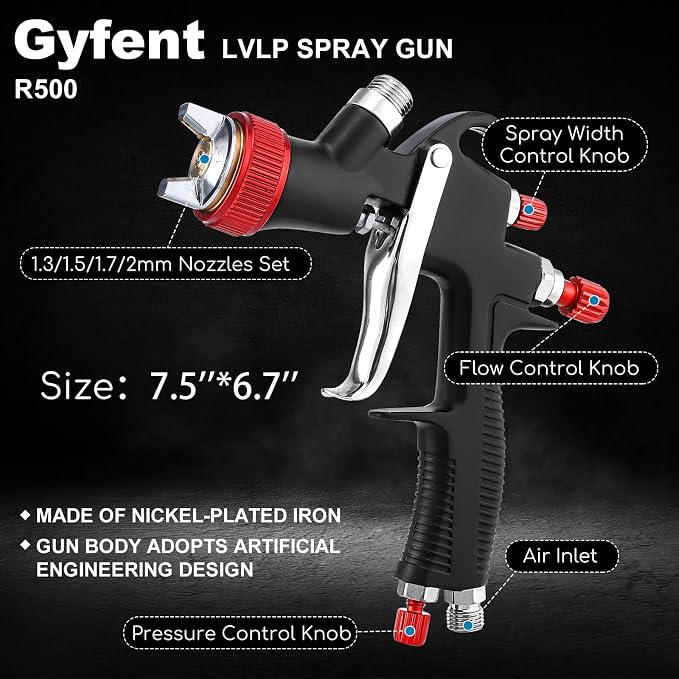 R500 Lvlp Air Spray Gun Kit, 4 Nozzles, 600Ml Cup | Nickel-Plated Body, Adjustable Spray Pattern, 1.5-3 Bar, Pressure Gauge, For Auto, Furniture And Home Painting