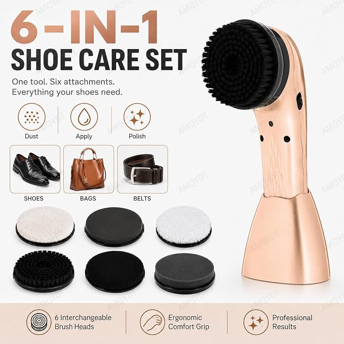 Handheld Electric Shoe Polisher, Rechargeable Shoe Shine Kit with 6 Brush Heads, Ergonomic Grip and Compact Storage Base for Cleaning and Polishing Leather Shoes, Bags, Boots and Upholstery