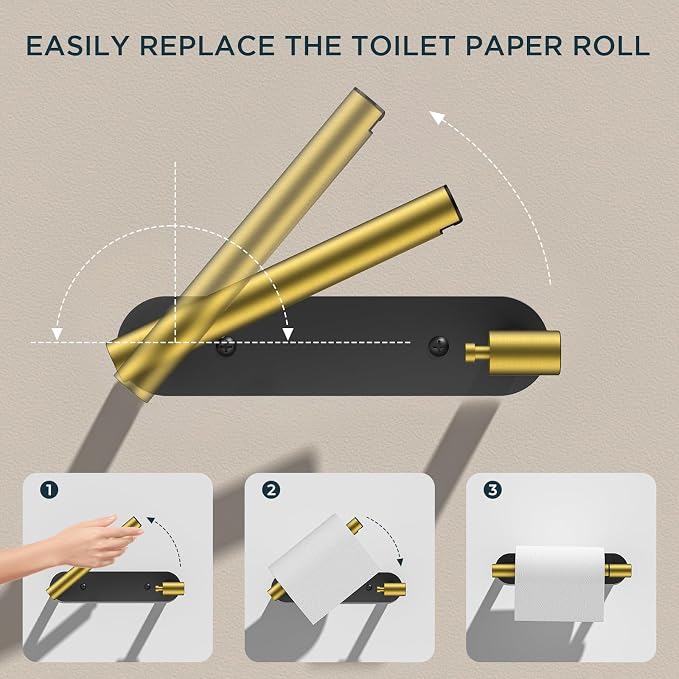 FORIOUS Toilet Paper Holder, Adhesive or Screw Wall Mount Pivoting Tissue Roll Holder, Stainless Steel Self Adhesive Toilet Paper Roll Holder no Drilling (Matte Black & Brushed Gold, Classic)