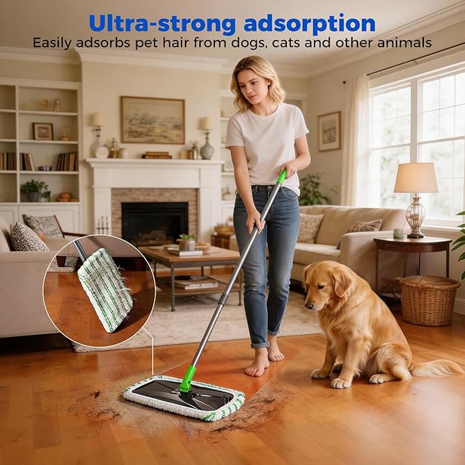 Masthome 16" Extra Large Microfiber Flat Mop for Floor Cleaning, 360° Rotating Dust Mop with 5 Washable Pads & 1 Cleaning Scraper, Wet Dry Mop for Hardwood Laminate Tile Ceramic