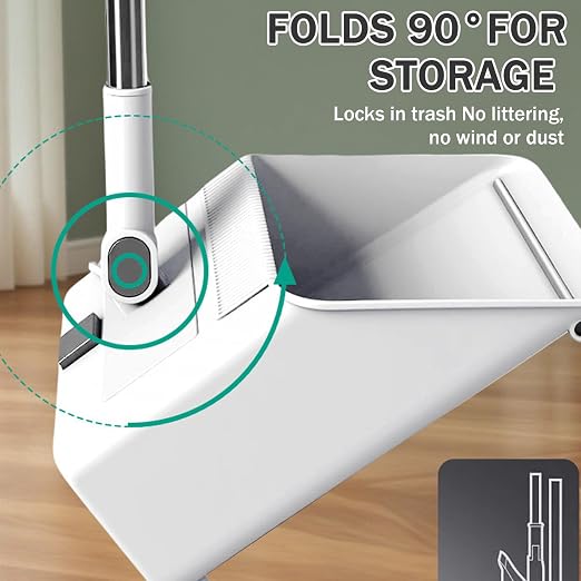 Broom and Dust Pan, Broom and Dustpan Set with Push Brooms, Self-Cleaning Comb & Space-Saving Design for Indoor Outdoor Cleaning (Grey)
