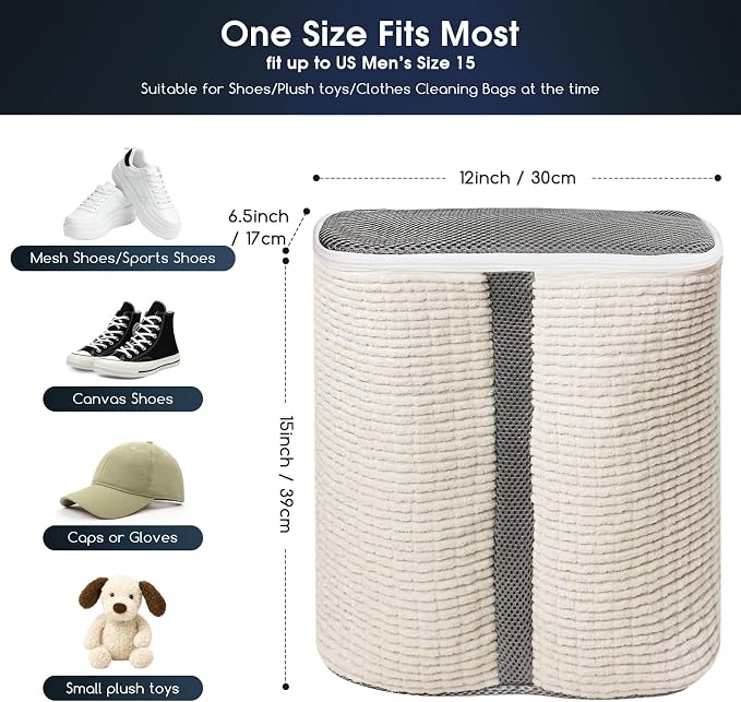 Shoe Washing Machine Bag for Sneaker Cleaning Laundry Shoe Bag, Beige | Dual Compartment, Full Protection, Clasp-Lock Zipper, Dense Chenille, Bound Edge & Seams