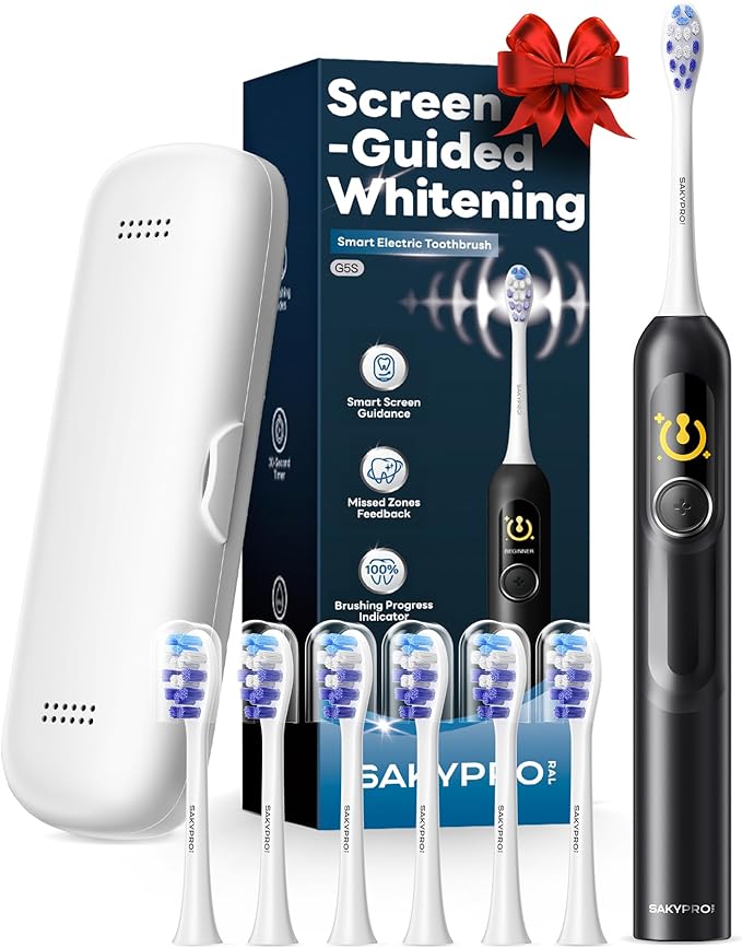 SAKYPRORAL AI Electric Toothbrush for Adults, Sonic Rechargeable Whitening Toothbrush with 6-Zone Tracking, Soft Replacement Heads & Travel Case (Black, 1 Count with 6 Brush Heads)