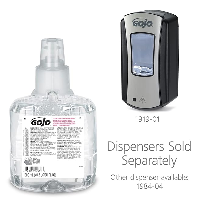 GOJO Clear & Mild Foam Handwash,EcoLogo Certified,1200 mL Foam Hand Soap Refill LTX-12 Touch-Free Dispenser - 1911-02,(Pack of 4)
