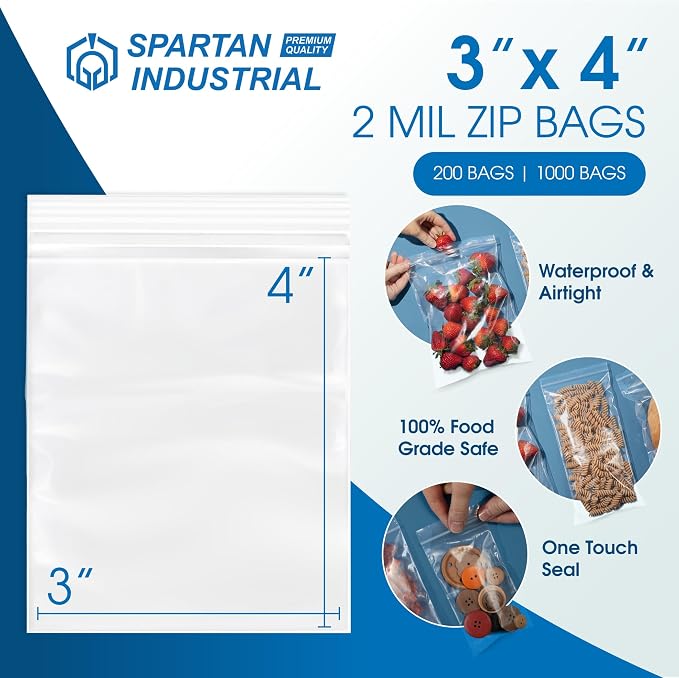 Spartan Industrial - 3” X 4” (1000 Count) 2 Mil Clear Reclosable Zip Plastic Poly Bags with Resealable Lock Seal Zipper