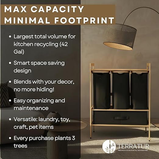 4 Section Recycling Bin for Kitchen – Dual Trash and Recycle Bins for Paper, Plastic, Cans – Indoor Bamboo Recycling Organizer – Decorative Wooden Recycle Bins for Kitchen & Office