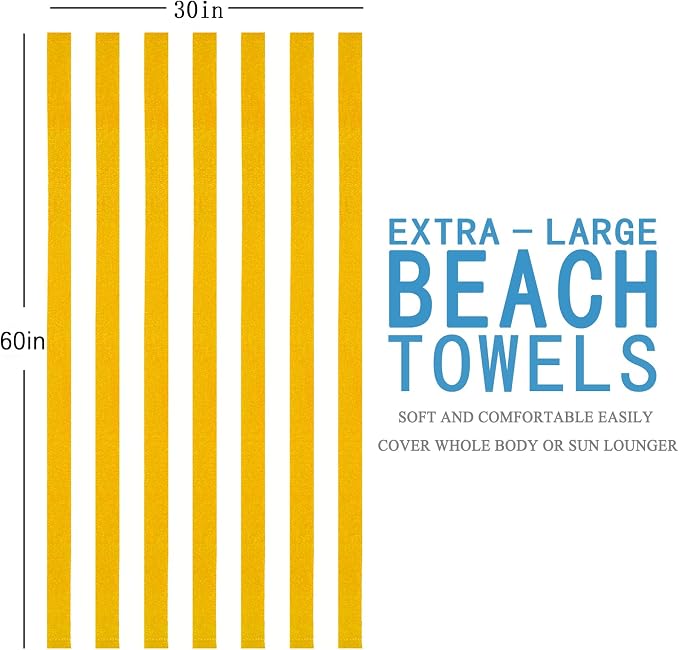 Genovega 6 Packs Stripe Beach Towel Thin Terry Set XL Big Extra Large Oversized Accessories Essentials Soft Super Clearance Pool Swim Camping Travel Bath Towels Bulk Men Women Adults Gift Yellow