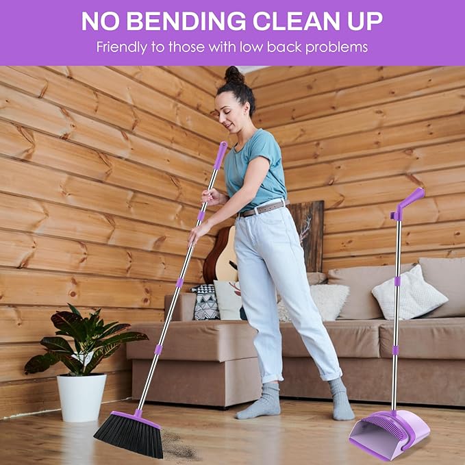 Broom and Dustpan Set for Home, 51-in Long Adjustable Handle Angle Broom and Dustpan Combo Set with Dust Pan Teeth to Clean Hair for Home Kitchen Office Lobby Floor Garden, Purple
