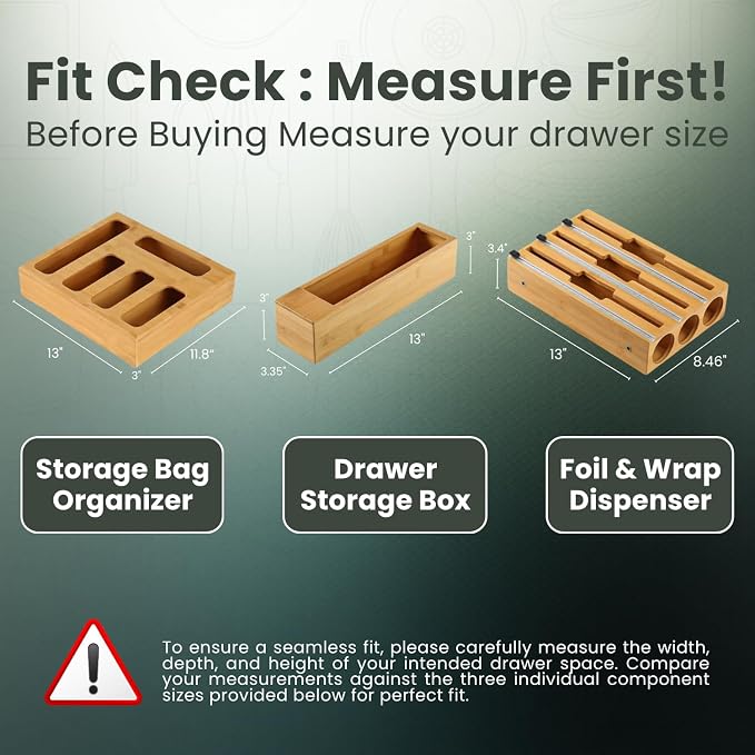 9 IN 1 Storage Bag Organizer for Kitchen Drawer - Wall Mounted | Bamboo Foil and Plastic Wrap with Cutter, Ziplock Bag Organizer for Gallon, Sandwich & Snack Bags - Aluminum Foil Organizer