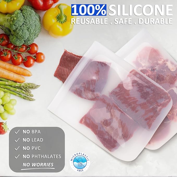 100% Silicone Flat Gallon Freezer Bags, 4 Pack Extra Large Reusable Silicone Ziplock Bags Gallon Size for Freezer, Double Zipper Seal, BPA & Microplastic Free, Freezer Microwave Sous Vide Safe, Clear