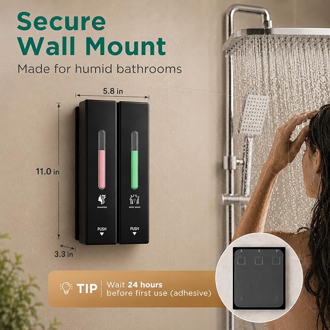Shampoo and Conditioner Dispenser Wall Mounted, 3-Chamber Shower Soap Dispenser for Bathroom, 1200ML Large Capacity, No-Drill Installation, Clog-Free Pump for Thick Liquids (black-2-pack)
