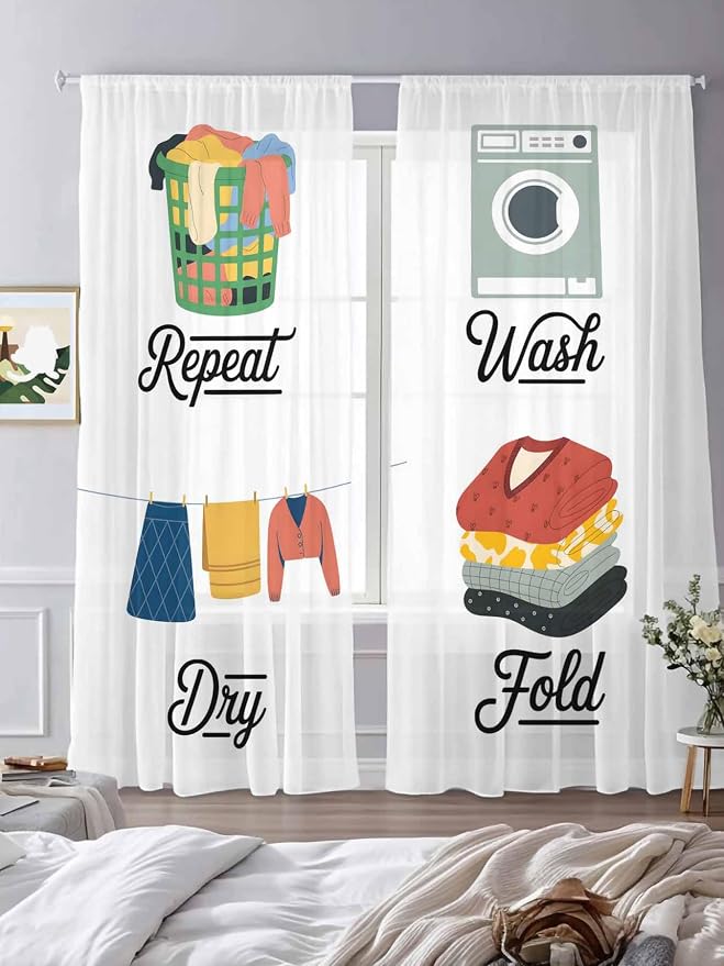 Laundry Room Sheer Curtains 84 Inch Length 2 Panels for Living Room, Wash Repeat Dry Fold Simple Drawn Voile Kitchen Curtain Set, Luxury Privacy Drapes Window Treatment for Bedroom