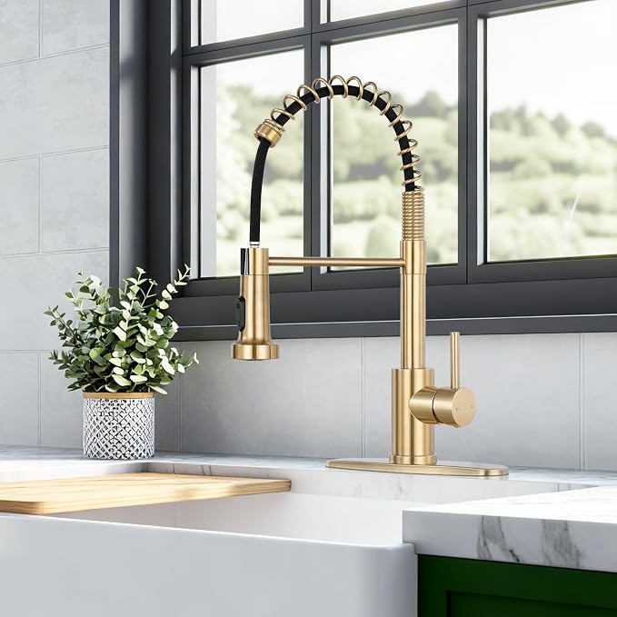 Kitchen Faucet with Pull Down Sprayer, Brushed Gold | 2-mode sprayer, 360° high arc spout, 304 SS build, drip-free valve, fingerprint-resistant, DIY install, NSF certified