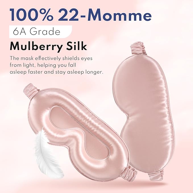 Blissy Silk Sleep Mask Profile - 100% Pure Mulberry Silk 22 Momme 6A Fibers Silk Eye Sleeping Mask for Women & Men for Total Blackout - Blindfold Silk Sleep Mask Side Sleeper Eye Cover (Pink)