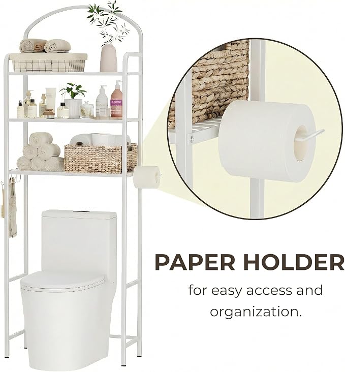 Over The Toilet Storage Rack - 3 Tier Bathroom Organizer with 4 Hooks & Paper Holder - Space Saving Metal Shelf for Bathroom - White Toilet Storage