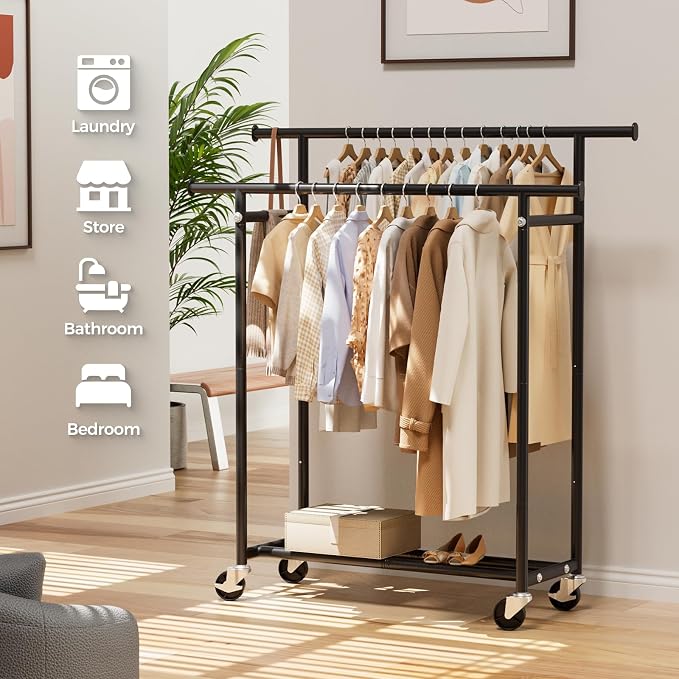 HYSEYY Clothes Rack, Double Rods Rolling Clothing Rack for Hanging Clothes, Portable Garment Rack with Wheels, Coat Rack Wardrobe Closet Load 240 LBS for Bedroom Laundry Room (Black, L)