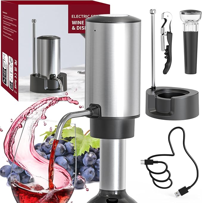CIRCLE JOY Electric Wine Aerator Pourer Rechargeable One-touch Wine Decanter with Storage Base, Corkscrew and Vacuum Wine Stopper, White Elephant Gifts for Wine Lovers, Silver