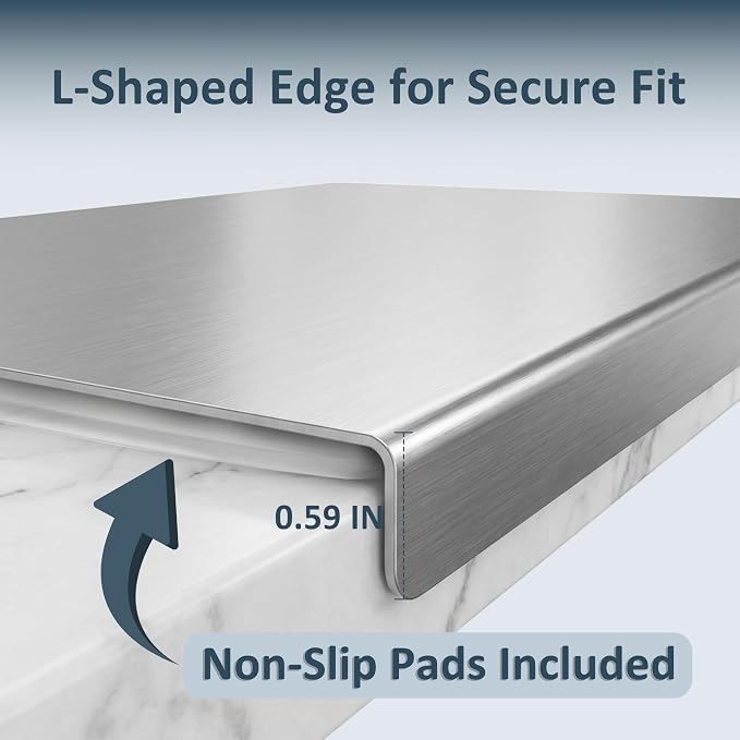 304 Stainless Steel Cutting Board with Lip,Food Grade Prep Board 15.7x11.4" | Dishwasher safe, L-Shaped Edge, Non-Slip Pads, Hygienic Surface, Easy Clean, For Meat, Fruit, Vegetables & Bread