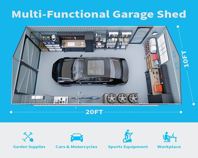 20 x 10 FT Metal Garage Shed, Large Metal Building Storage Shed with with 2 Lockable Doors&4 Air Vents, Galvanized Steel Prefab Shed Waterproof for Car, Truck, Bike, Tool, Dark Gray