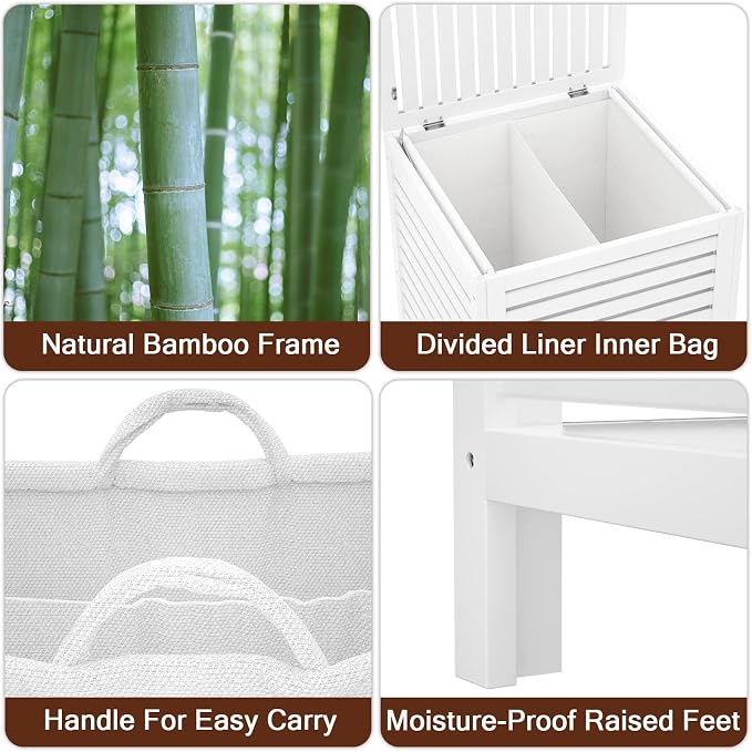 Bamboo Laundry Hamper with Lid, 120L Large Clothes Laundry Sorter with Removable 2-Section Liner Bag, Raised Laundry Basket Organizer for Clothing, Bathroom, Bedroom, Laundry Room, White
