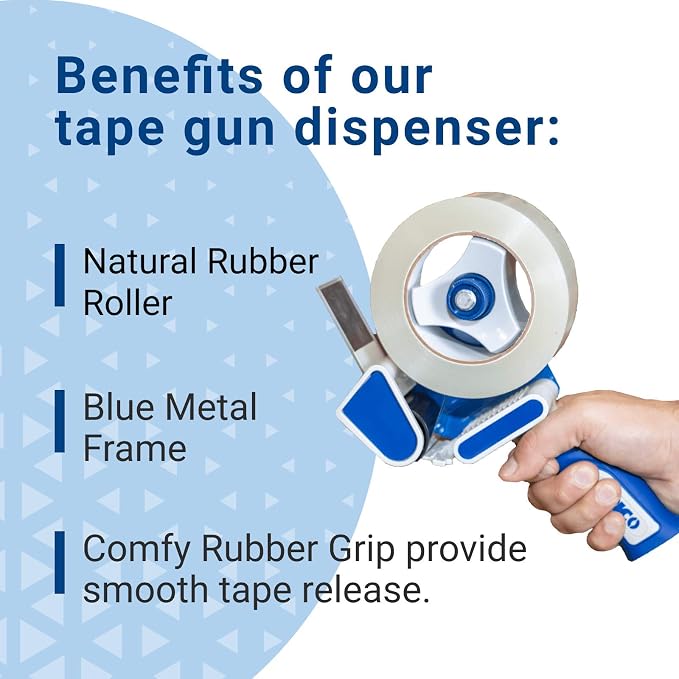 IDL Packaging T291 Tape Gun Dispenser for 2" Tapes, Safe Blade, Rubber Roller, Blue Metal Frame, Comfy Rubber Grip (Pack of 1)
