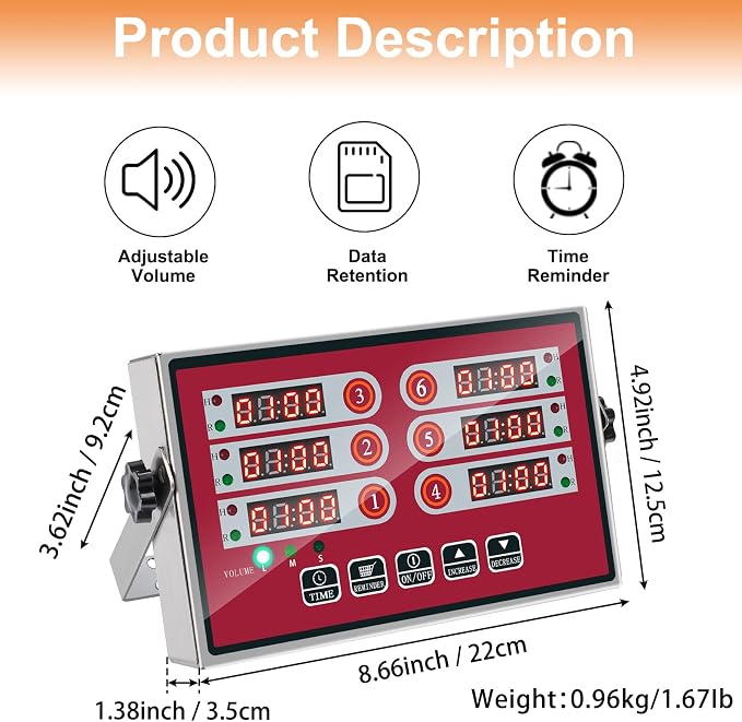 Kitchen Timers for Cooking – 6 Channel Commercial Kitchen Timer Restaurant Kitchen Supplies – Stainless Steel LED Technology Kitchen Timer Digital – Reminder Function, Loud Alarm, Red