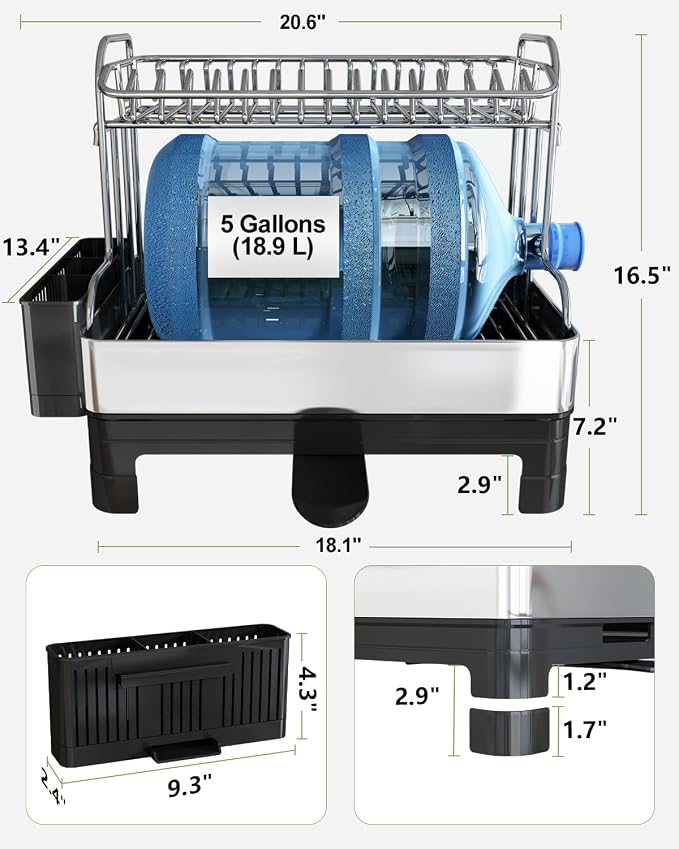 2 Tier Large Stainless Steel Dish Drying Rack with Drain Board | Space Saving, Rust Proof Metal, Automatic Drainage Drainer for Kitchen Counter, Modern Black and Silver for Pots and Pans