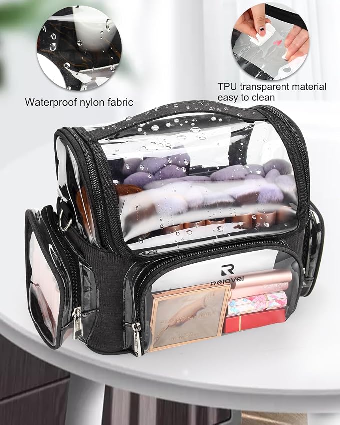 TANTO Clear Makeup Brush Case,Stand-up Makeup Cup Large Cosmetic Organizer Holder Professional Makeup Artist Travel Case with Adjustable Divide&Strap (02-Black（X Large）)