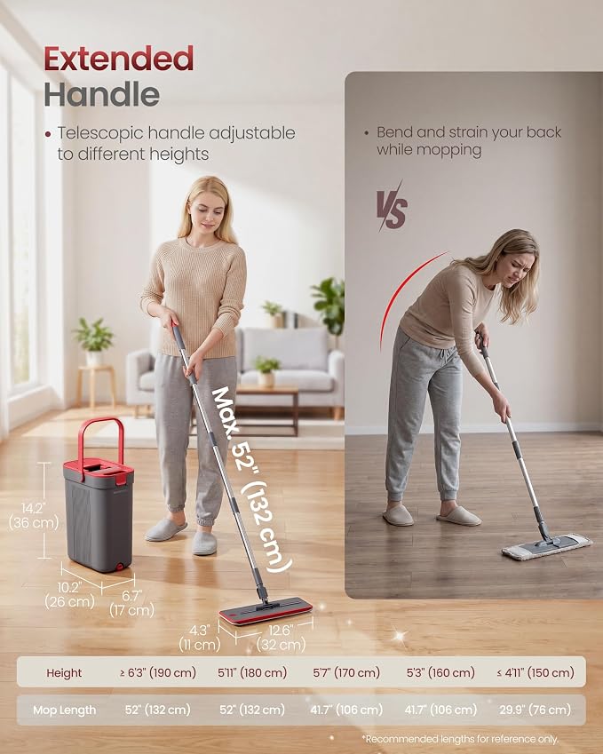 SONGMICS Mop and Bucket Set, Flat Mop with 3-Chamber Clean & Dirty Water Separation System, Wringer Bucket, 360° Rotating Head, 4 Microfiber Pads, Gray and Red ULMB001GT04