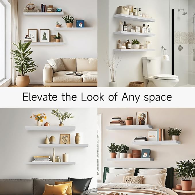 BAYKA White Floating Shelves for Wall, Set of 3, 35.4 Inches Long Wall Mounted Rustic Wood Shelves for Bathroom, Bedroom, Living Room or Kitchen, Hanging Shelf for Book/Storage/Decor, 30lbs Capacity